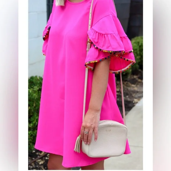 NEW! VERY J Hot Pink Shift Dress with Pom Pom sleeves size Small - Picture 4 of 8